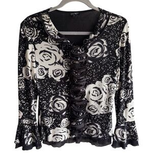 Y2K Whimsigoth Whitchy Floral Mesh Top Women Size Medium Ivory Black Bell Sleeve